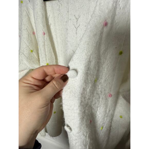 FRNCH Paris White Lightweight Rosette Embroidered Floral Cardigan Sweater Medium - Picture 8 of 9